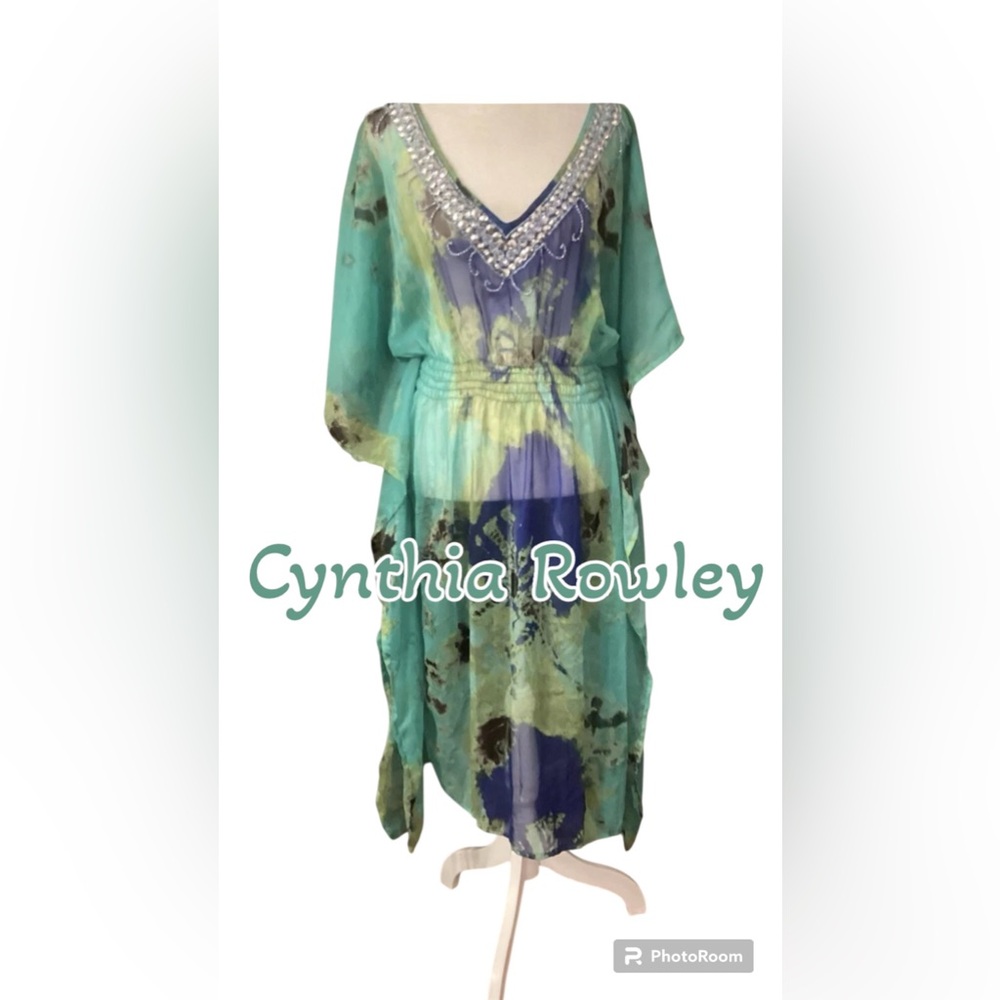 Cynthia Rowley Cover Up Caftan Dress Sheer Sequined V Neck Sheer L